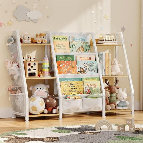 Kids bookshelf and toy organizer by Peach Maple, 3-tier burlywood bookcase with storage for children&