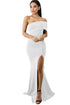 White off-the-shoulder one-sleeve slit maxi dress by Lavender Pallas, featuring a flowing design for elegant party or prom wear.