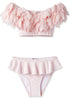 Pink draped bikini with petal details for girls, by Ivory Trillium, featuring a playful and stylish kids&