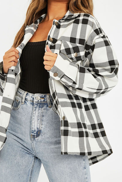 Black and white check shacket for women from Azure Theseus, stylish layered jacket with a classic pattern and relaxed fit.