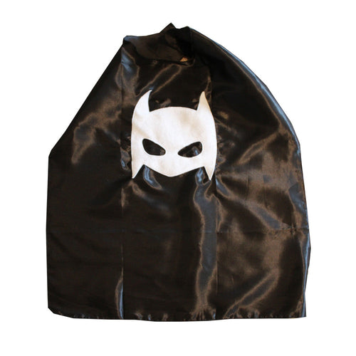Black superhero cape for kids from Sky Blue Milo, featuring a bat emblem, perfect for dress-up and imaginative play.