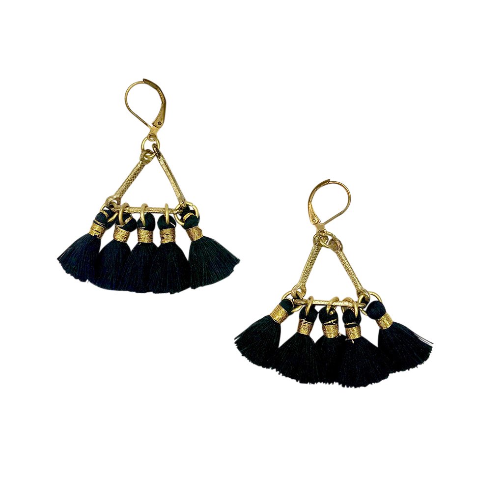 Ariel Lola Fan Earrings featuring black fringe dangle jewelry with intricate details, stylish and lightweight for elegant wear.