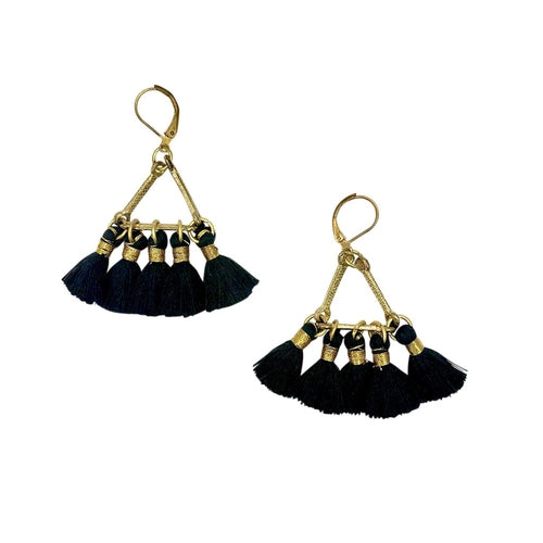 Ariel Lola Fan earrings with black fringe and intricate jewelry design, hanging delicately against a neutral background.