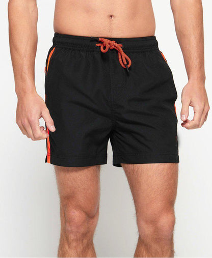 Black stripe swim shorts from Sky Felix, featuring a stylish design, laid out flat on a neutral background.