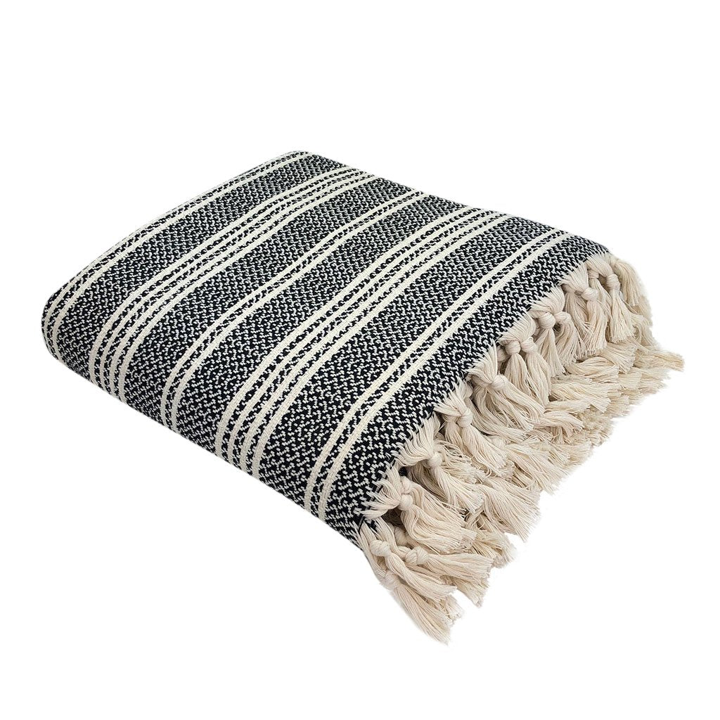 Ariel woven stripe Turkish throw blanket with black and neutral woven stripes, perfect for home decor and cozy accents.