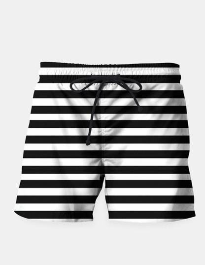 Black swim shorts with seamless stripe pattern from Sky Felix, featuring a comfortable fit and stylish design for beach or pool.