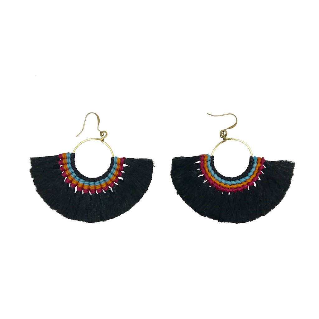 Black tassel fan earrings by Ariel featuring stylish, lightweight tassel design with fan-shaped accents.