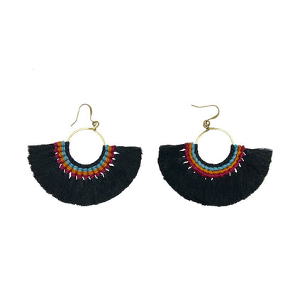 Black tassel fan earrings by Ariel featuring stylish, lightweight tassel design with fan-shaped accents.