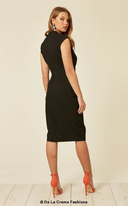 Black V-neck wrap dress by Rose Eleusis, styled as a chic jacket or coat, shown on a hanger with soft fabric details.