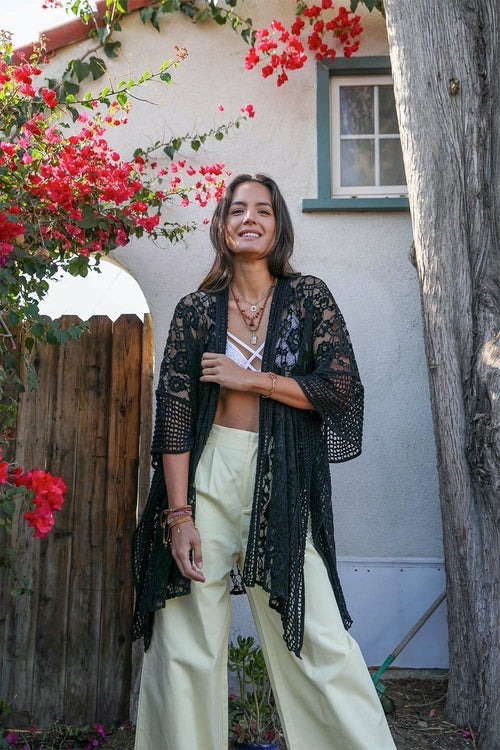 Black floral knit kimono by Periwinkle Aether, open-front women&