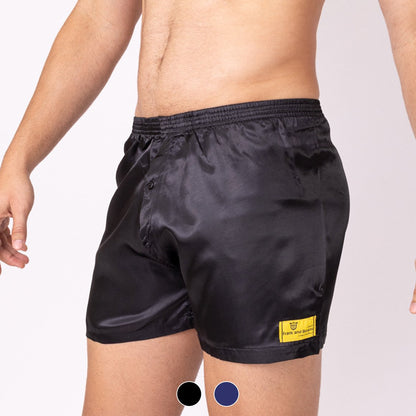 Navy satin boxer shorts for men by Crimson Daisy, shown in a color swatch with smooth, shiny fabric and comfortable fit.