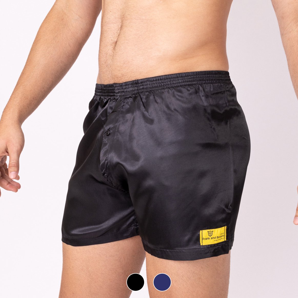 Navy satin boxer shorts for men by Crimson Daisy, shown as a fabric color swatch. Smooth, shiny satin material.