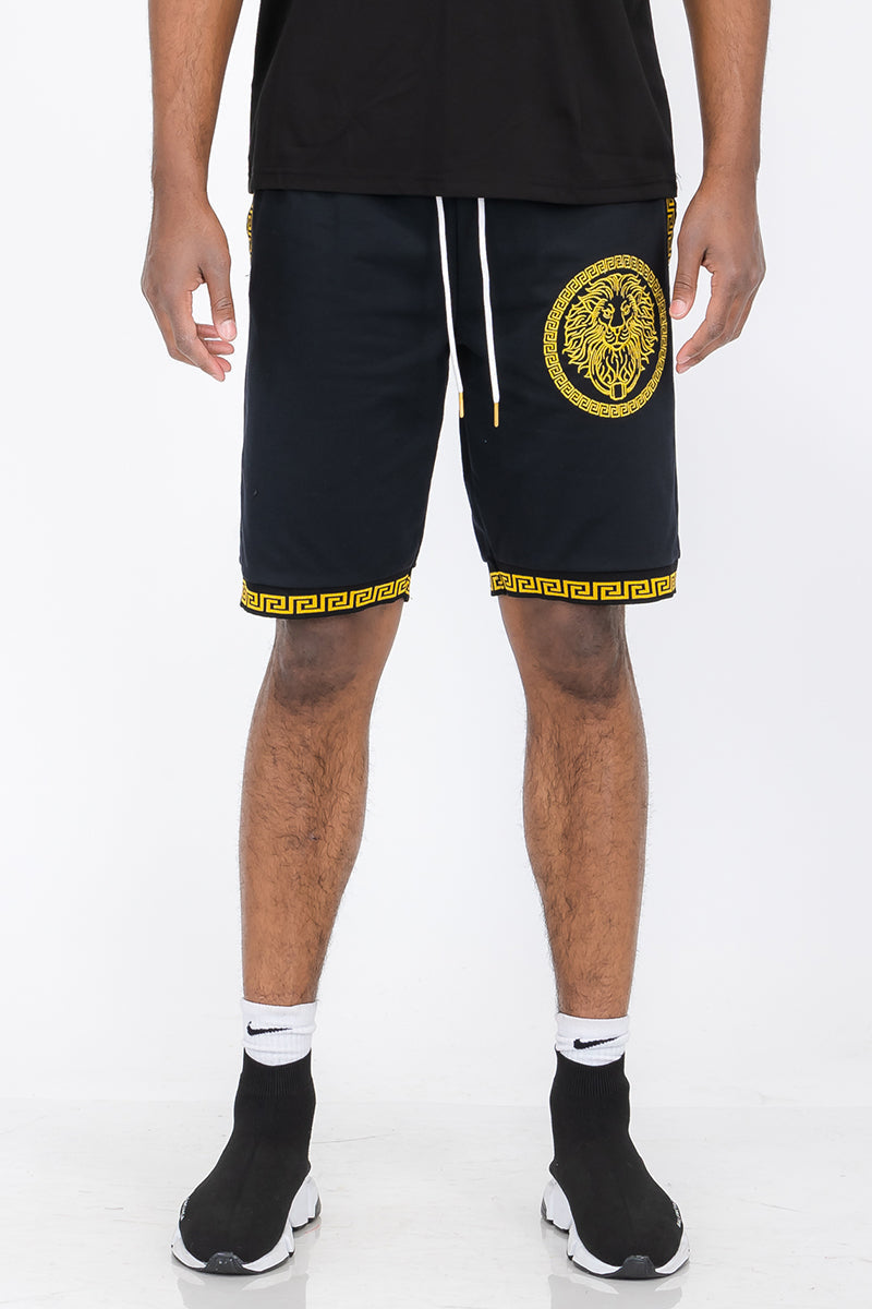 Black Lime Milo Lion Head Shorts EMS4103 for men, showing the detailed lion head graphic on the front.