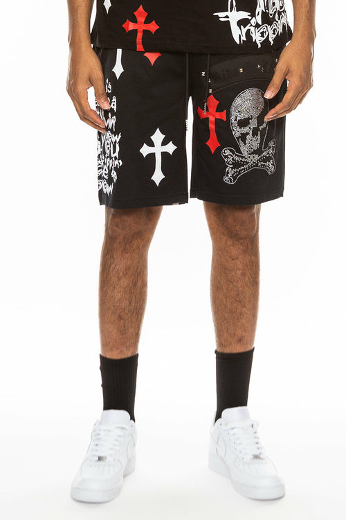 Lime Milo Bejewelled Chrome Skull Shorts for men in black and red with chrome skull embellishments, casual streetwear style.