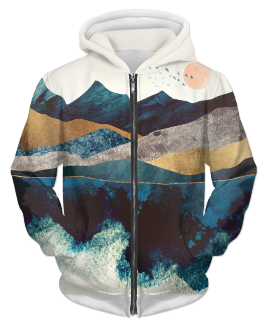 Blue Mountain Reflection unisex zip hoodie by Scorpius, featuring a vibrant mountain reflection design on a blue sweater.