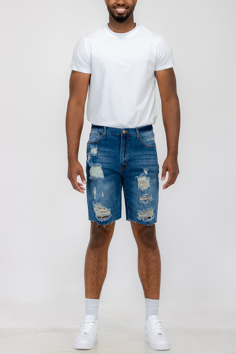 Blue washed distressed denim shorts for men by Lime Milo, featuring a casual fit and frayed hem.
