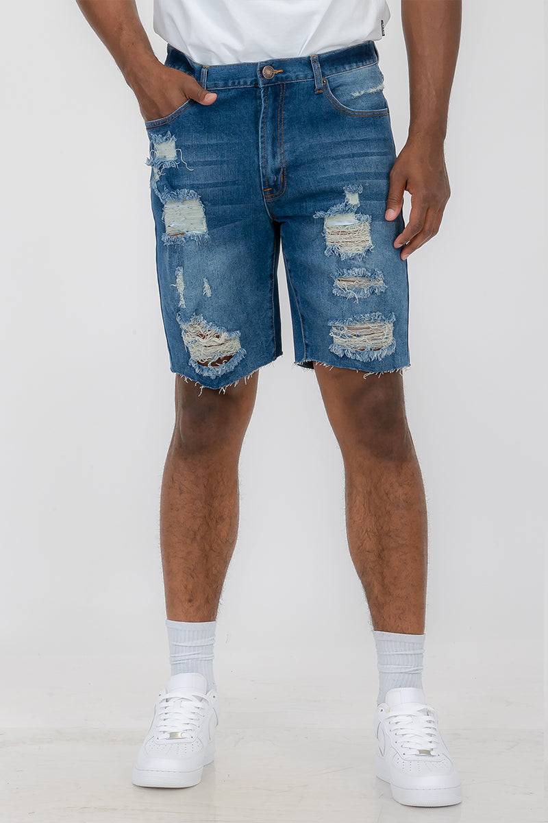 Blue washed distressed denim shorts for men by Lime Milo, featuring a casual fit and frayed hems.