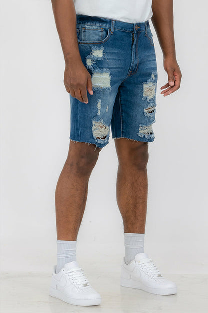 Blue washed distressed denim shorts for men by Lime Milo, featuring a casual fit and frayed hem detail.