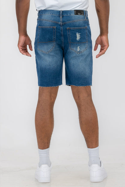 Blue washed distressed denim shorts for men by Lime Milo, featuring a casual fit and trendy frayed hem detail.