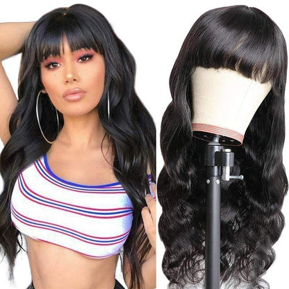 Body wave human hair wig with bangs by Cerise Alfie, featuring natural Brazilian hair and full machine-made construction.