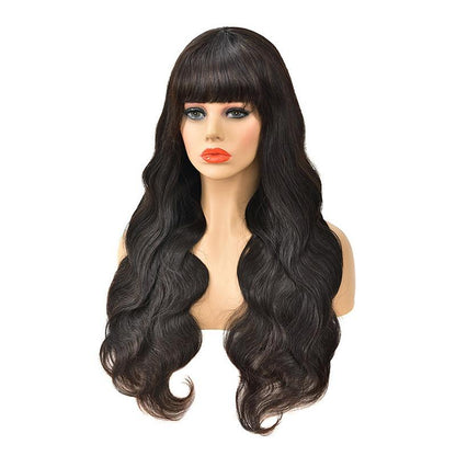 Cerise Alfie body wave Brazilian human hair wig with bangs, full machine-made, natural waves, and realistic appearance.