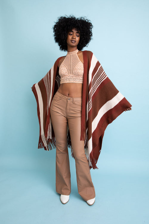 Rust-colored Boho Chic Frayed Edge Ruana accessory by Periwinkle Aether, featuring a relaxed, stylish frayed edge design.