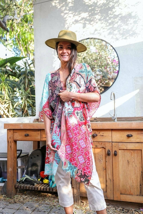 Mint boho patchwork kimono by Periwinkle Aether, lightweight accessories with colorful patchwork design and relaxed fit.