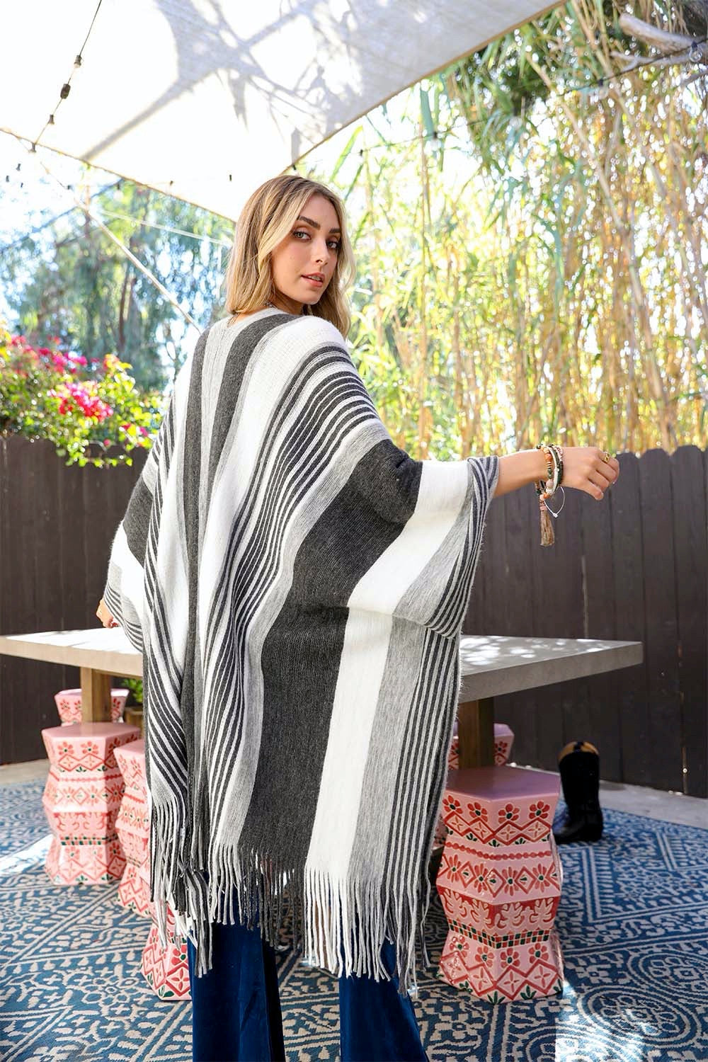 Boho Chic Frayed Edge Ruana by Periwinkle Aether featuring striped pattern and lightweight, fringed edges as a stylish accessories layer.