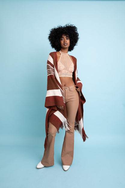 Boho Chic Frayed Edge Ruana by Periwinkle Aether featuring striped design and flowing, lightweight fabric for stylish accessories.