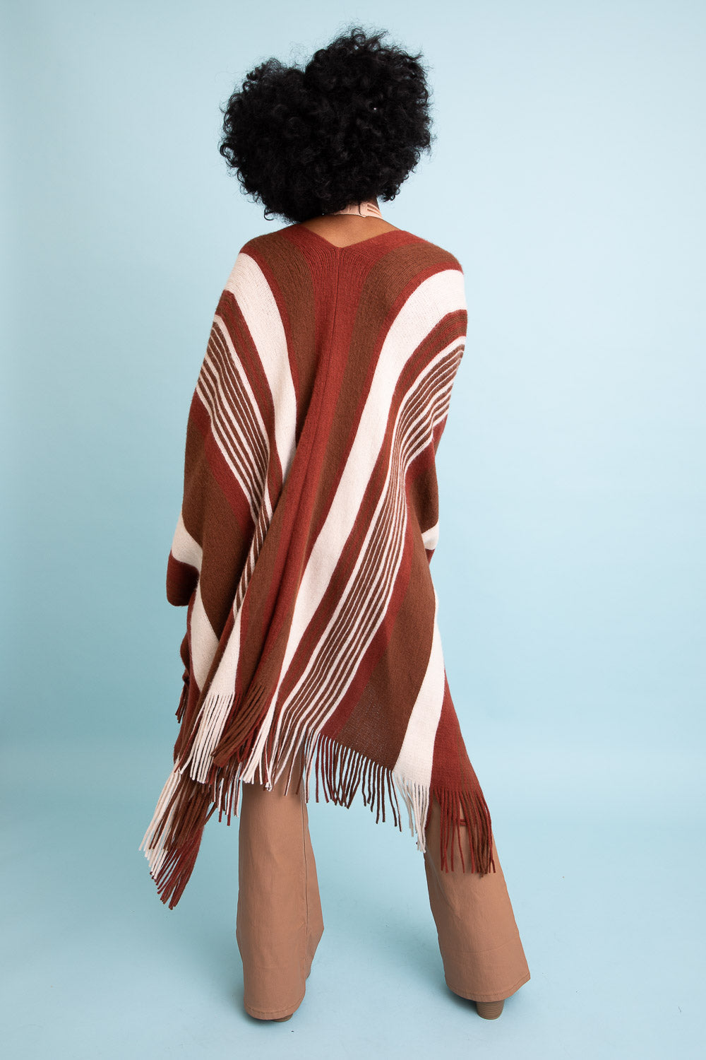 Boho Chic Frayed Edge Ruana by Periwinkle Aether with striped design, lightweight accessories perfect for casual styling.
