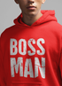 Scorpius Boss Man Hoodie, a black pullover hoodie with front pocket and logo design, casual sweatshirt for men.