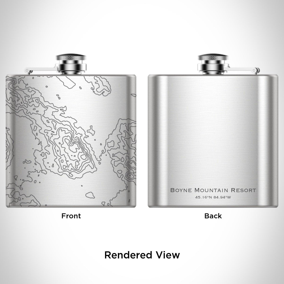 Cyan Castor Boyne Mountain Resort Michigan engraved topographic map hip flask with detailed mountain landscape design.