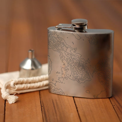 Cyan Castor Boyne Mountain Resort Michigan engraved topographic map hip flask, made of metal, with detailed resort design.