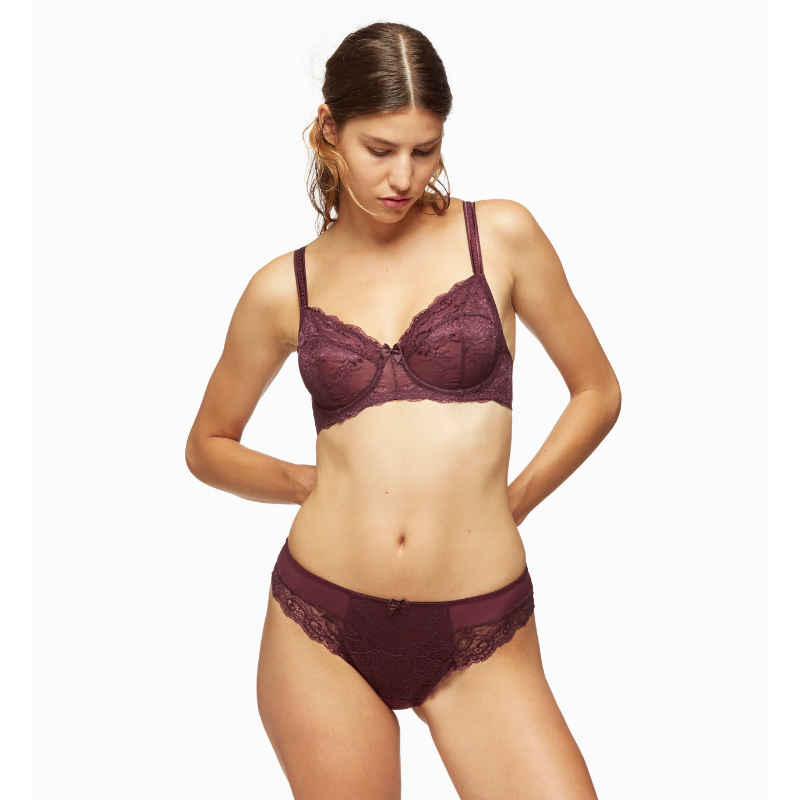 Lime Lucy Harlow Elderberry purple full-figure lace unlined bra with delicate trim, matching thong panty, in elegant lingerie style.