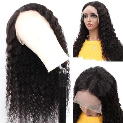 Deep wave Brazilian human hair lace frontal wig with transparent 13x6 lace, styled in natural waves, by Cerise Alfie.