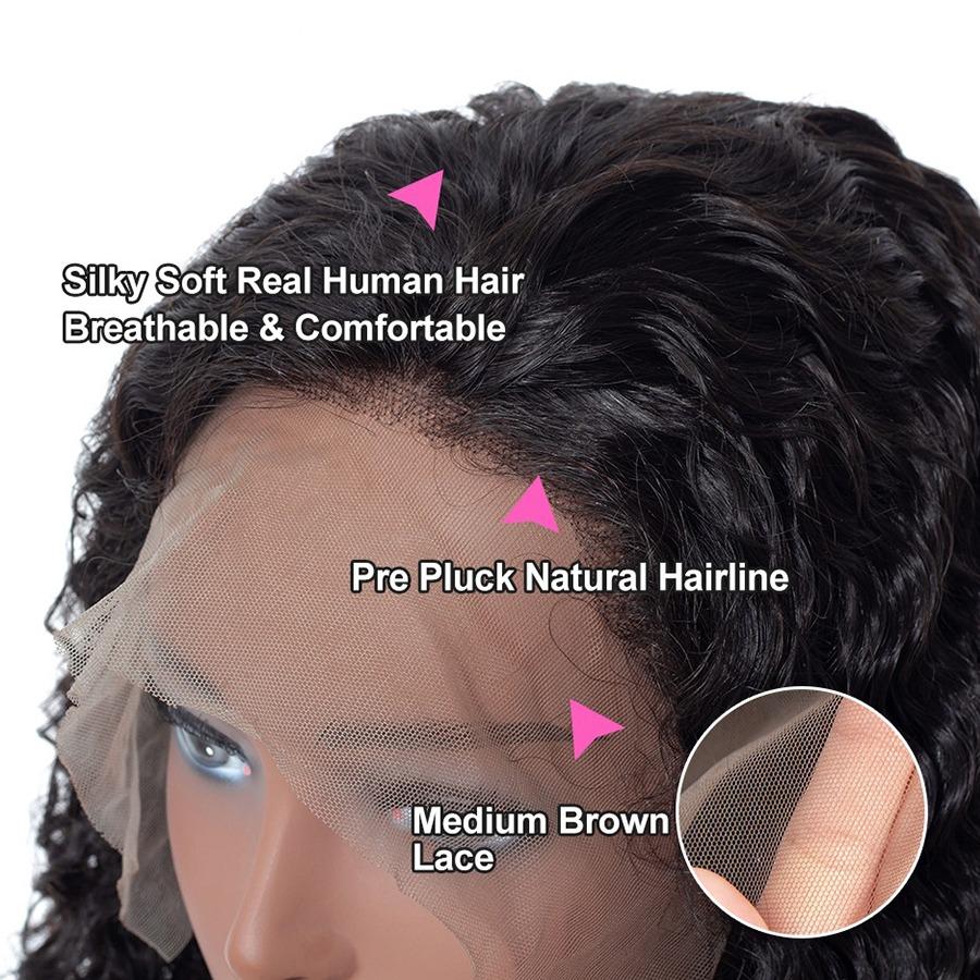 Deep wave Brazilian human hair lace frontal wig by Cerise Alfie, featuring 13x6 transparent lace and natural deep wave texture