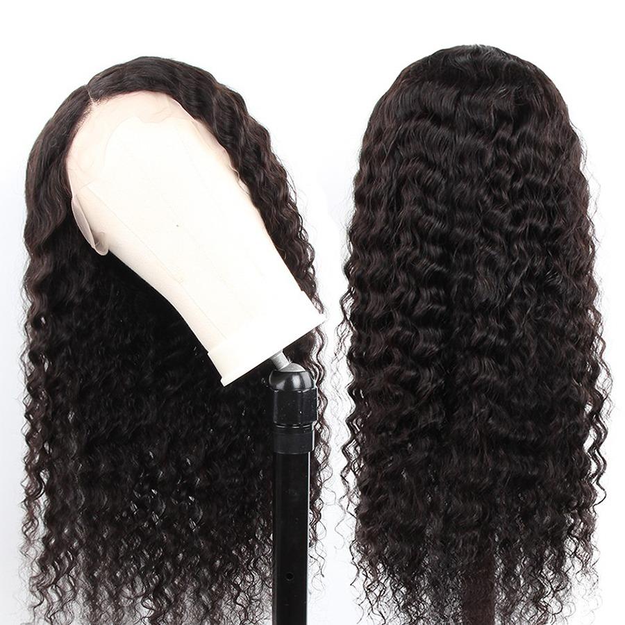 Deep wave Brazilian human hair lace frontal wig with 13x6 transparent lace, styled for a natural look by Cerise Alfie.