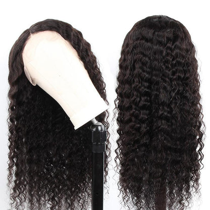 Deep wave Brazilian human hair lace frontal wig with 13x6 transparent lace, styled for a natural look by Cerise Alfie.
