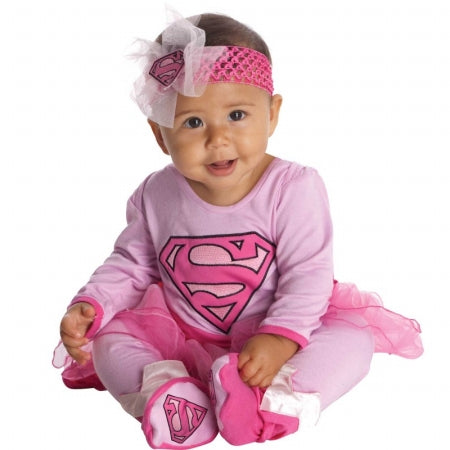 Baby girl Supergirl costume by Rose Chloe, infant one-piece in blue with Supergirl logo, suitable for ages 6-12 months.
