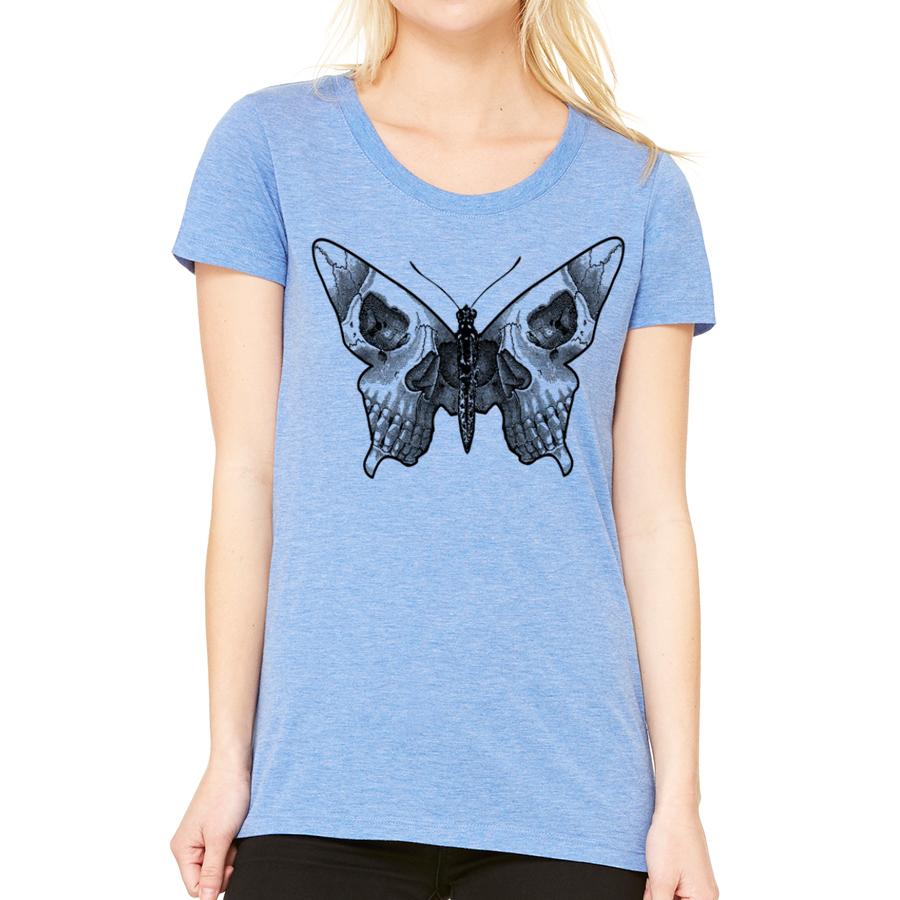 Blue butterfly skull T-shirt by Indigo Tiger, featuring a detailed butterfly and skull design on soft fabric.