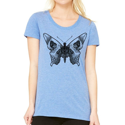 Blue butterfly skull graphic T-shirt by Indigo Tiger, featuring a detailed butterfly and skull design on soft fabric.