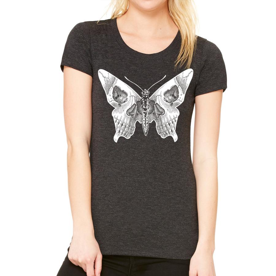Indigo Tiger butterfly skull T-shirt featuring a detailed skull and butterfly design on soft fabric.