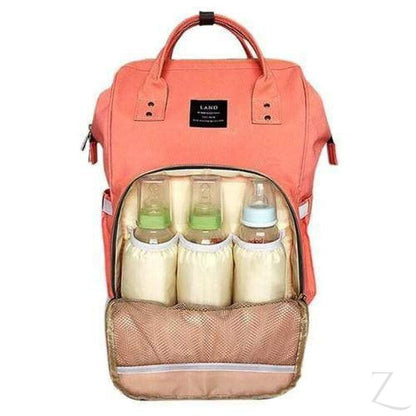 Raspberry Pallas peach denim backpack baby bag with multiple compartments, suitable for parents on the go.