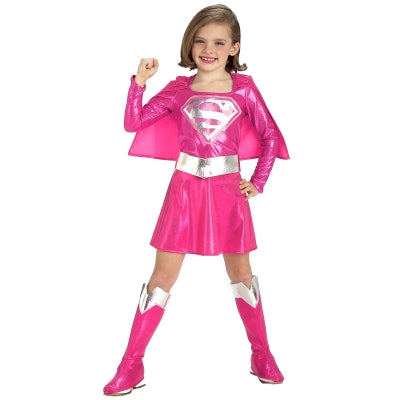 Pink Supergirl toddler costume by Rubies Costumes, featuring a pink dress with superhero emblem for children.