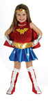 Rose Chloe Wonder Woman toddler costume for girls, featuring a red and blue superhero outfit with gold accents, suitable for young children.