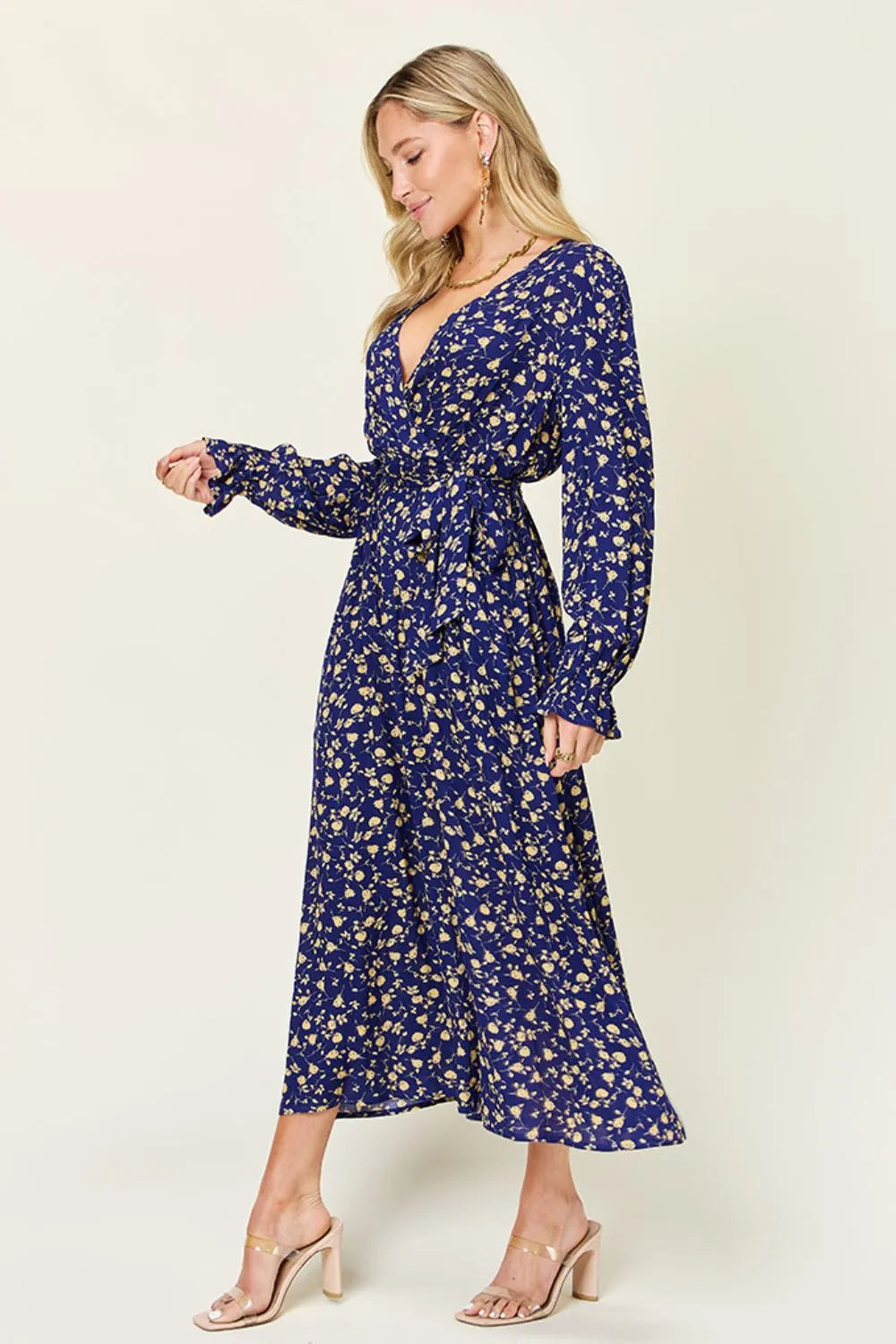 Pear Daisy double take full size tie-back flounce sleeve dress for home and garden, showcasing stylish fabric and flared sleeve design.