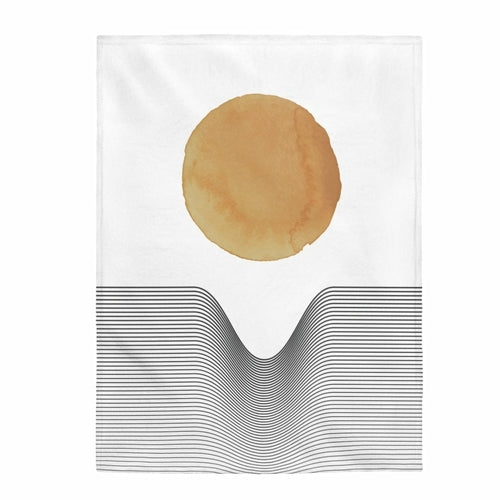 Yellow Pandora abstract sun art plush throw draped on a sofa, showcasing vibrant colors and soft, cozy fabric for home decor.