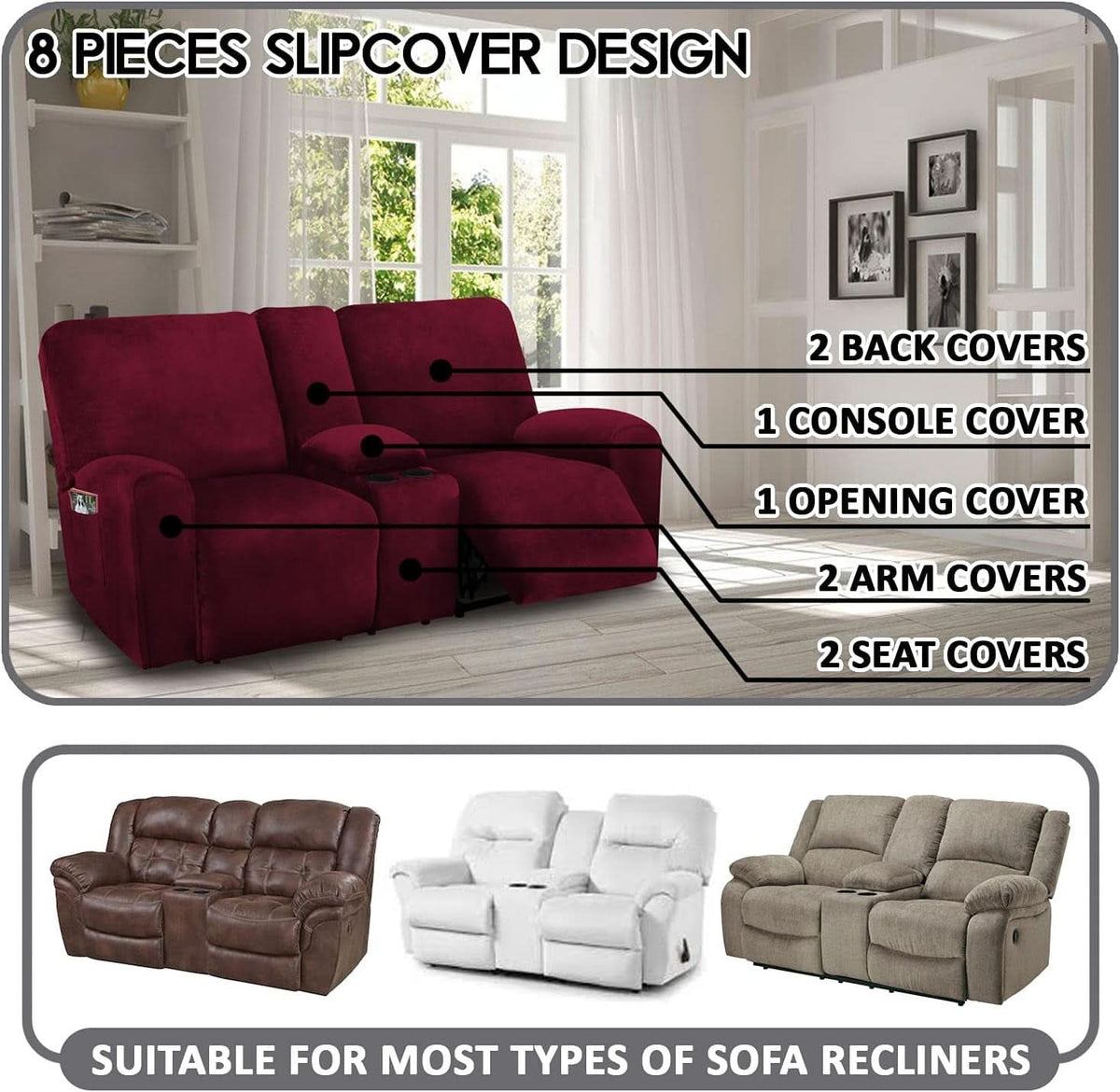 Burgundy Velvet Reclining Loveseat Slipcover Set 2 Seater Machine Washable