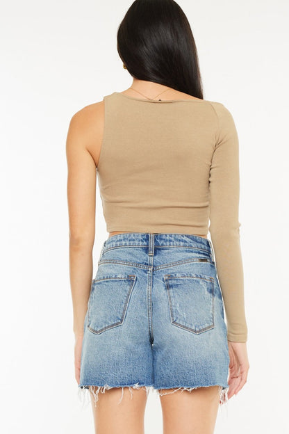 Jade Icarus Kancan high waist denim shorts with raw hem, showcasing distressed details and classic blue denim fabric.