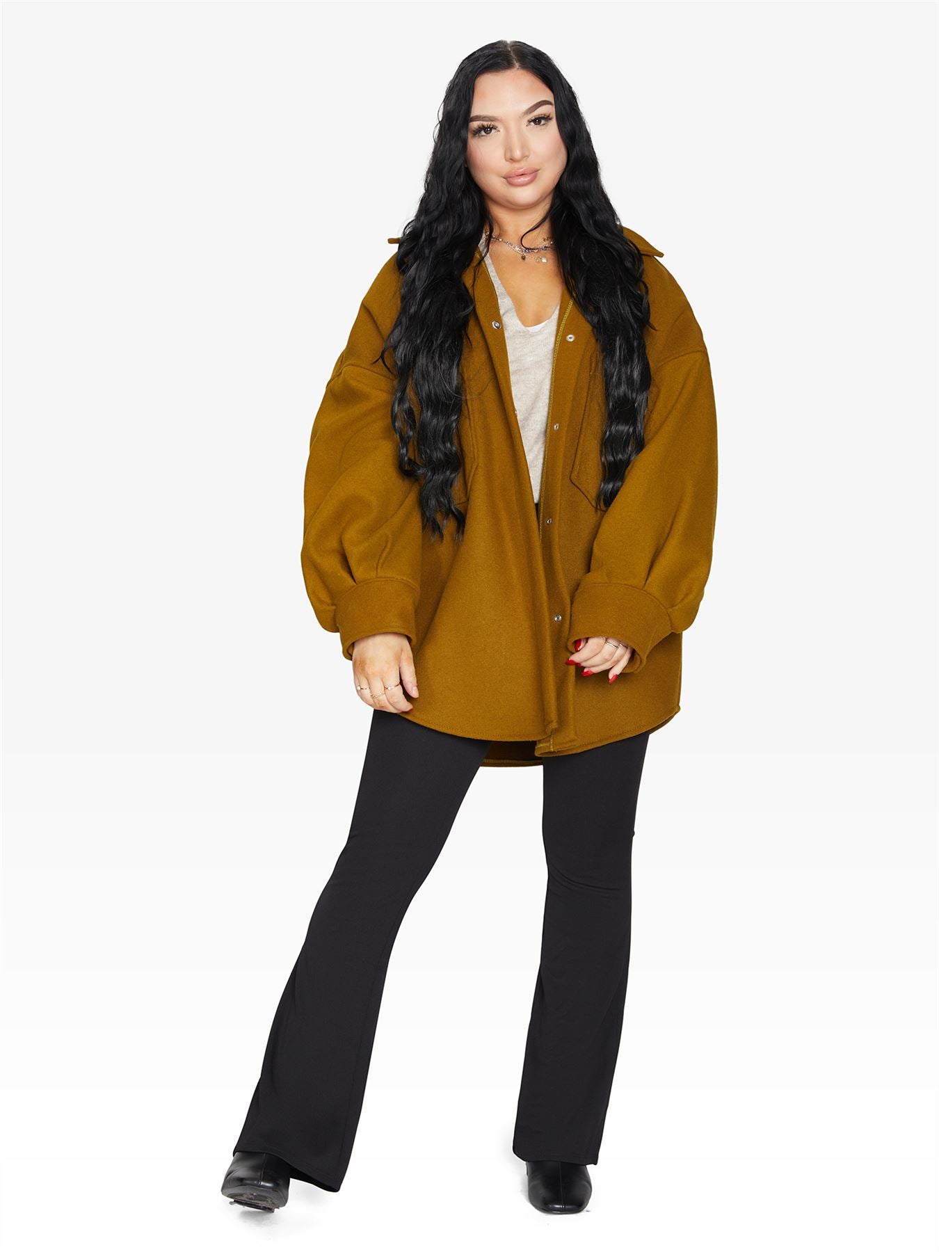 Oversized Rose Eleusis Patch Pocket Shacket in a casual jacket style with large front patch pockets.